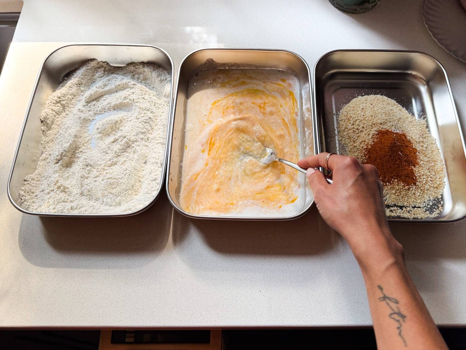Prepping ingredients in containers.
