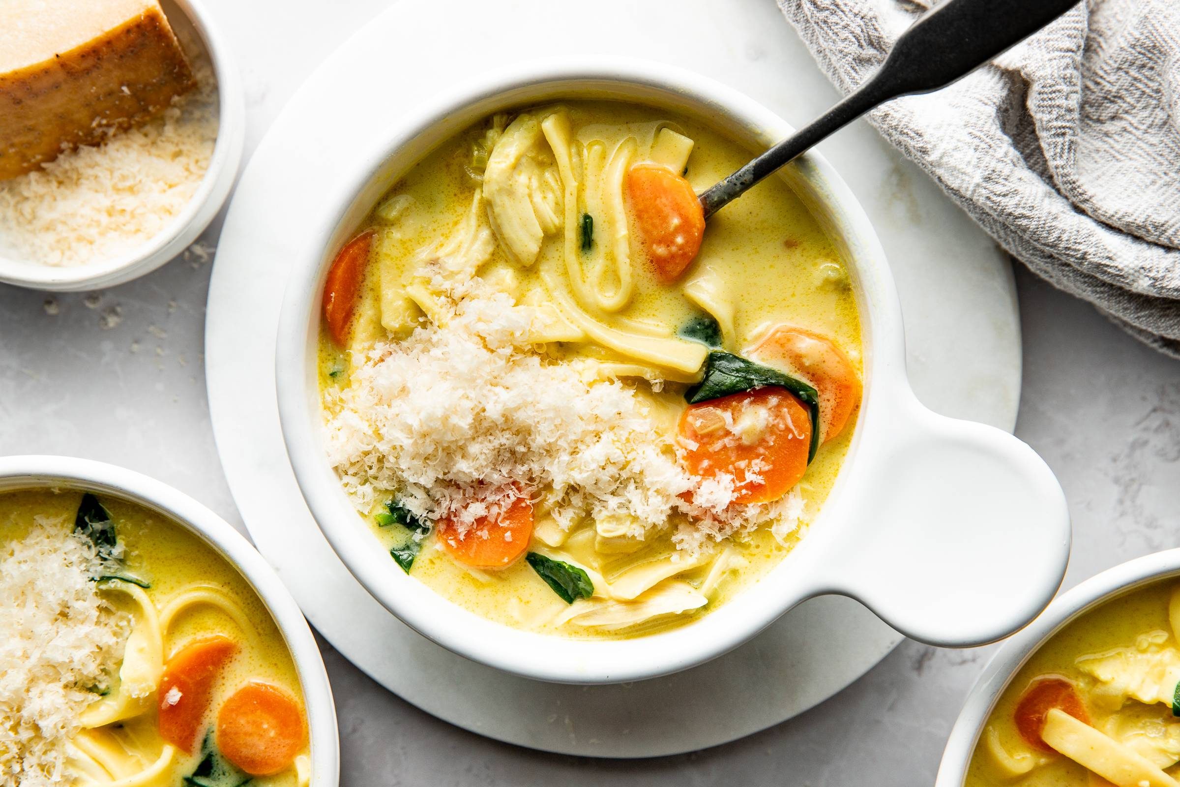 Bowl of creamy chicken noodle soup.