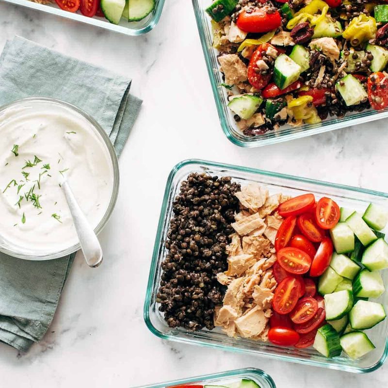 A picture of Lentil Greek Salad with Dill Sauce