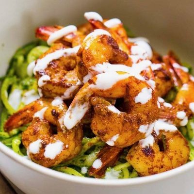 15 Minute Spicy Shrimp with Pesto Noodles in a bowl.