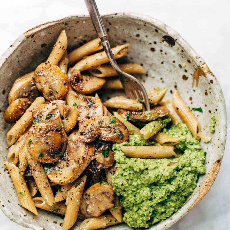 A picture of Simple Mushroom Penne with Walnut Pesto