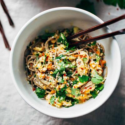Chopped Chicken Sesame Noodle Bowls with chopsticks.